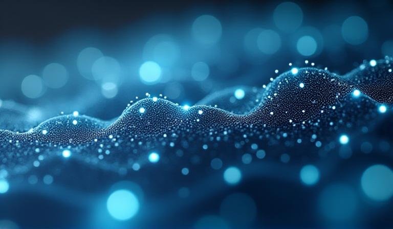 Complex data visualization showing AI neural networks analyzing market trends