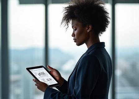 Business professional analyzing digital charts on a tablet in a bright office