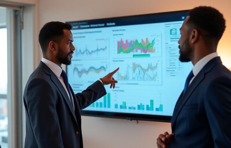 Consultant explaining data charts on a screen to a small business owner