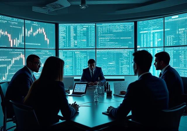 Analysts reviewing complex market data charts in a modern office